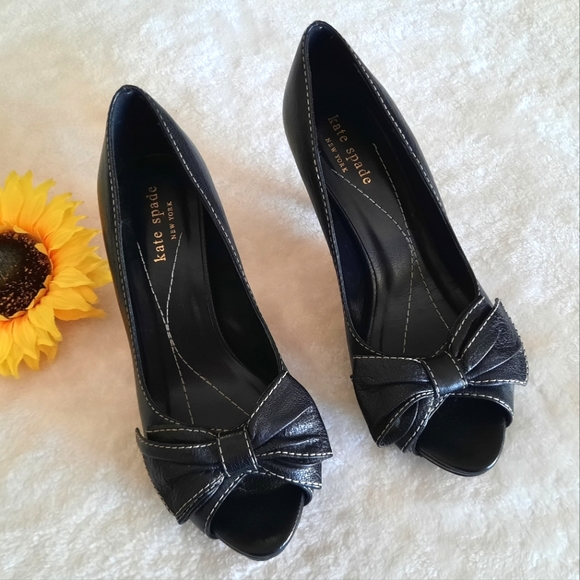 kate spade Shoes - Kate Spade Black Bow Peep-Toe Pumps